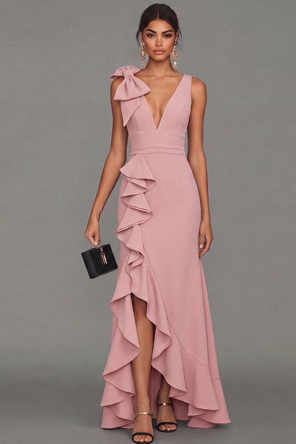 ESTRELLA | BOW RUFFLE MAXI DRESS - Dusty Rose