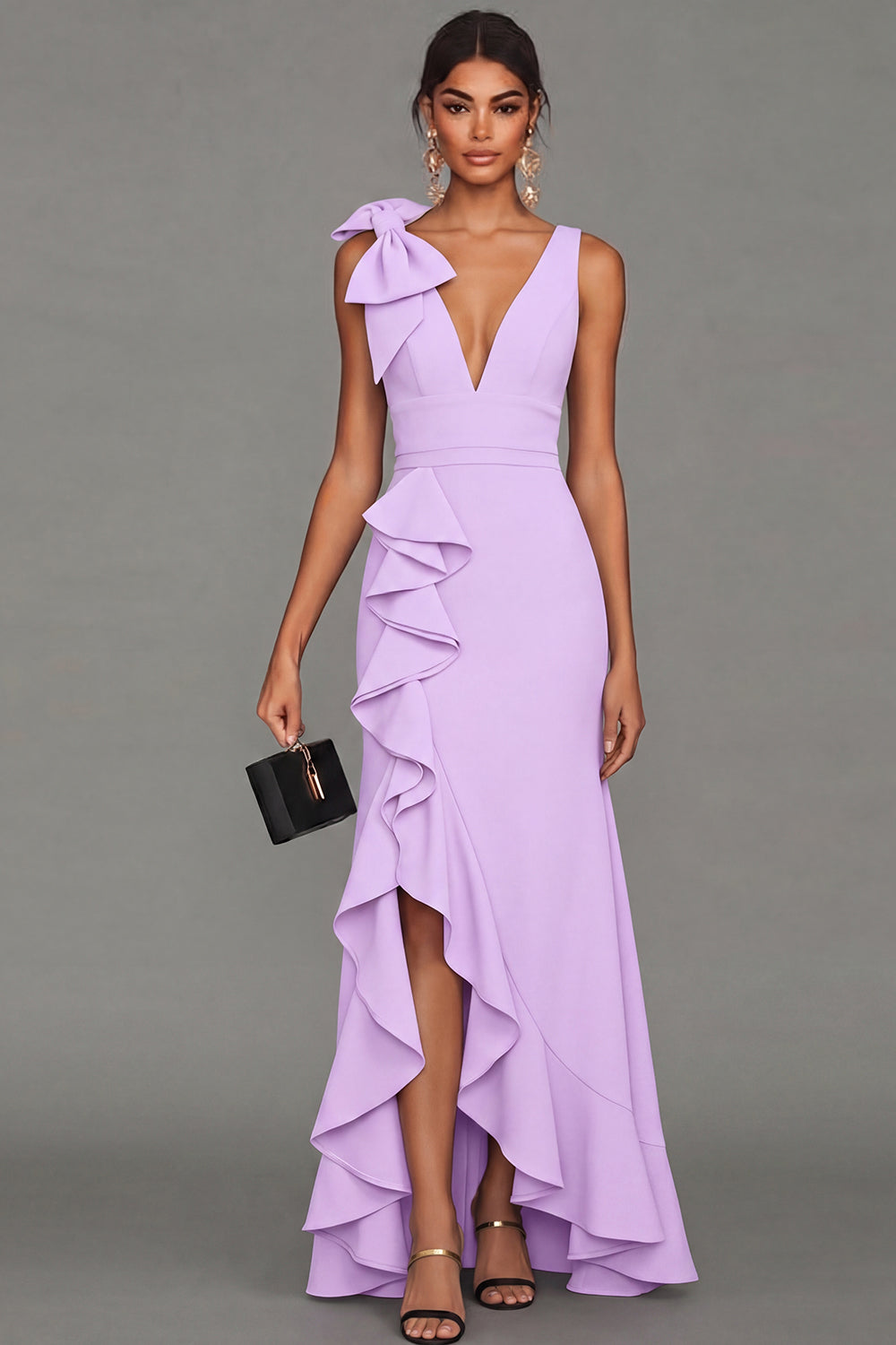 ESTRELLA | BOW RUFFLE MAXI DRESS - Lilac