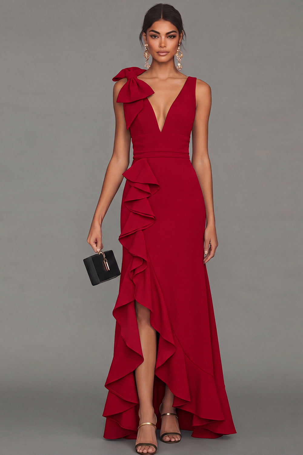 ESTRELLA | BOW RUFFLE MAXI DRESS - Red