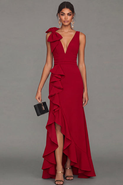 ESTRELLA | BOW RUFFLE MAXI DRESS - Red