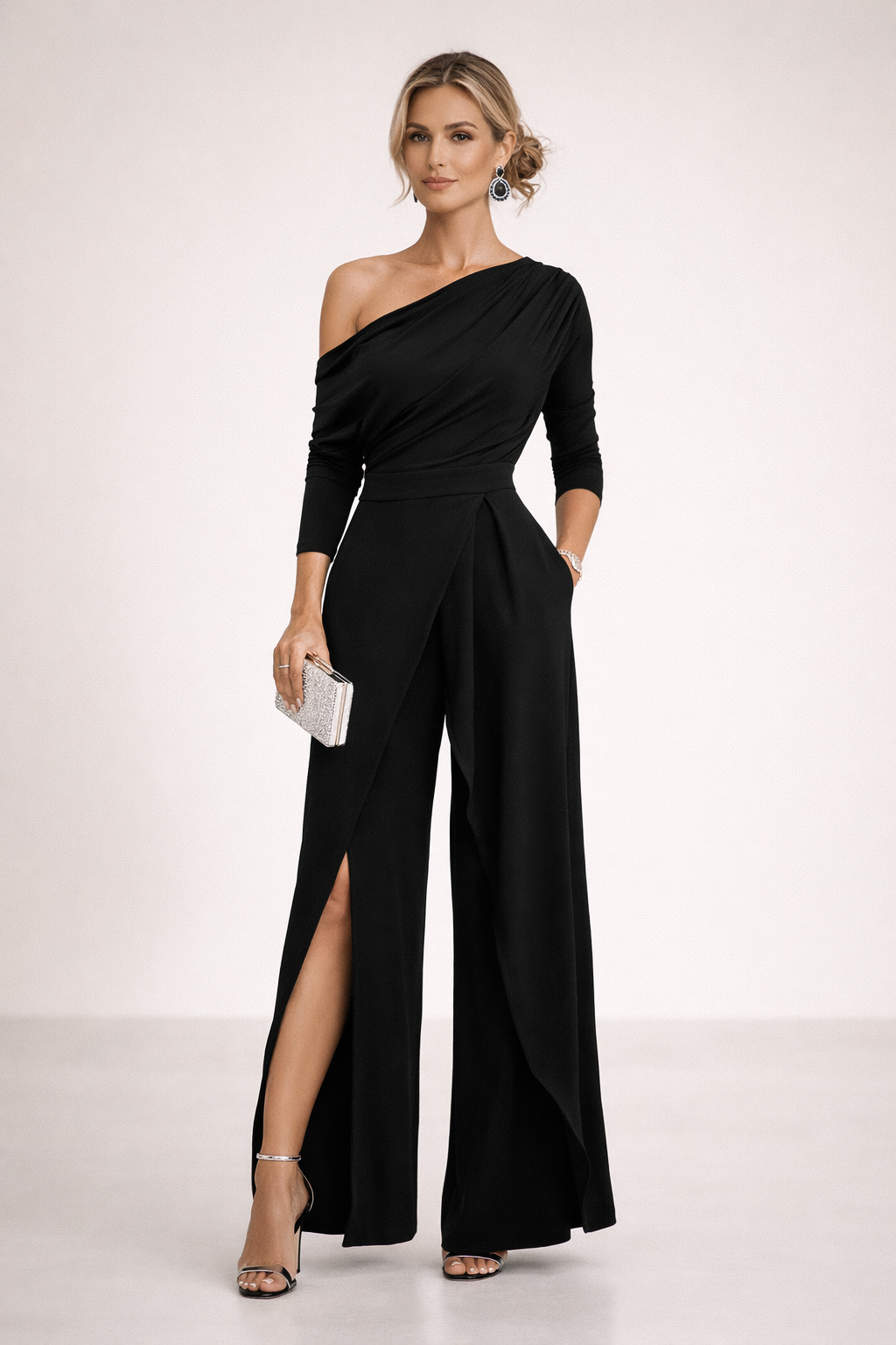 EUGENIE | ONE SHOULDER WRAP JUMPSUIT - Black