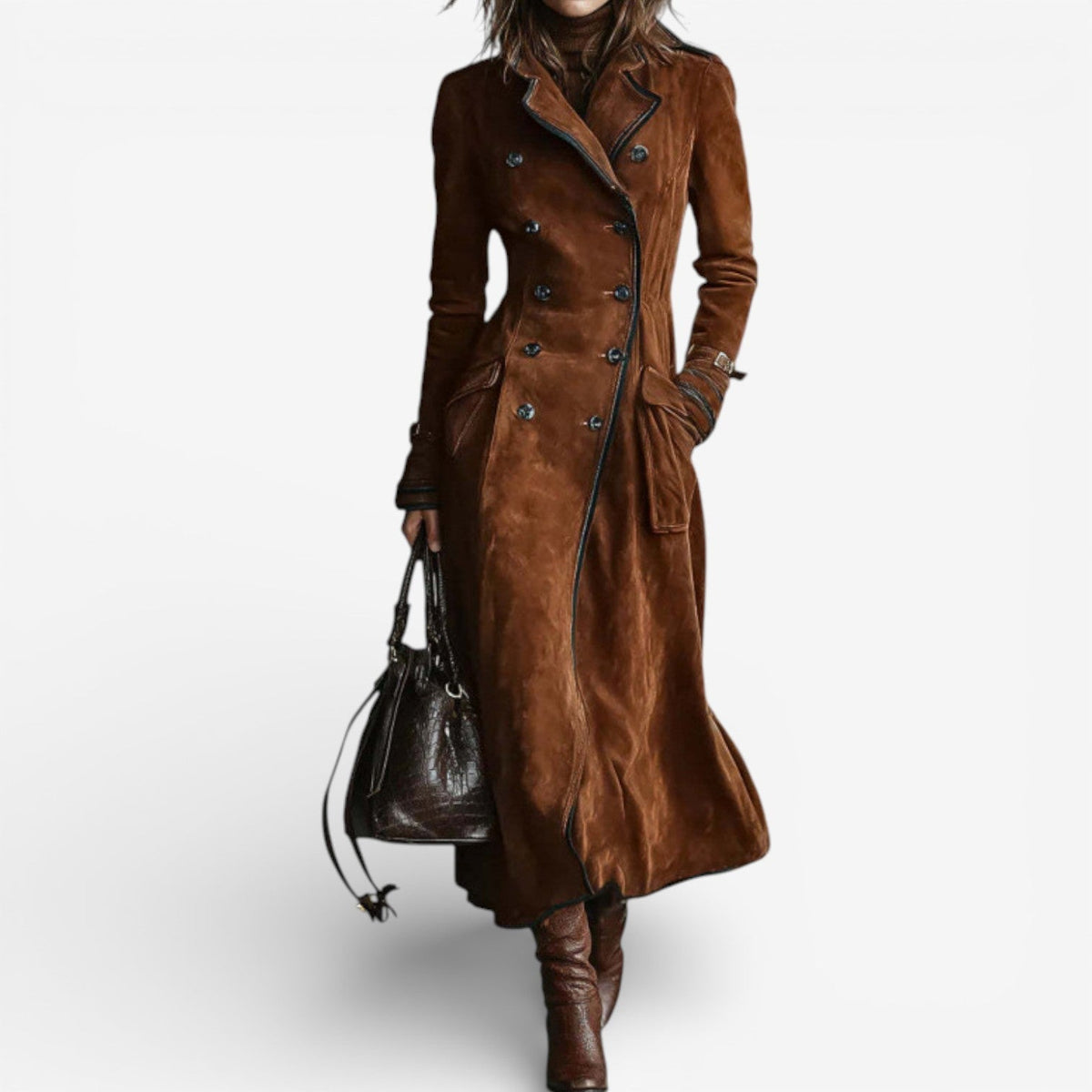 EULALIA | DOUBLE-BREASTED LONG TRENCH COAT - Caramel Brown