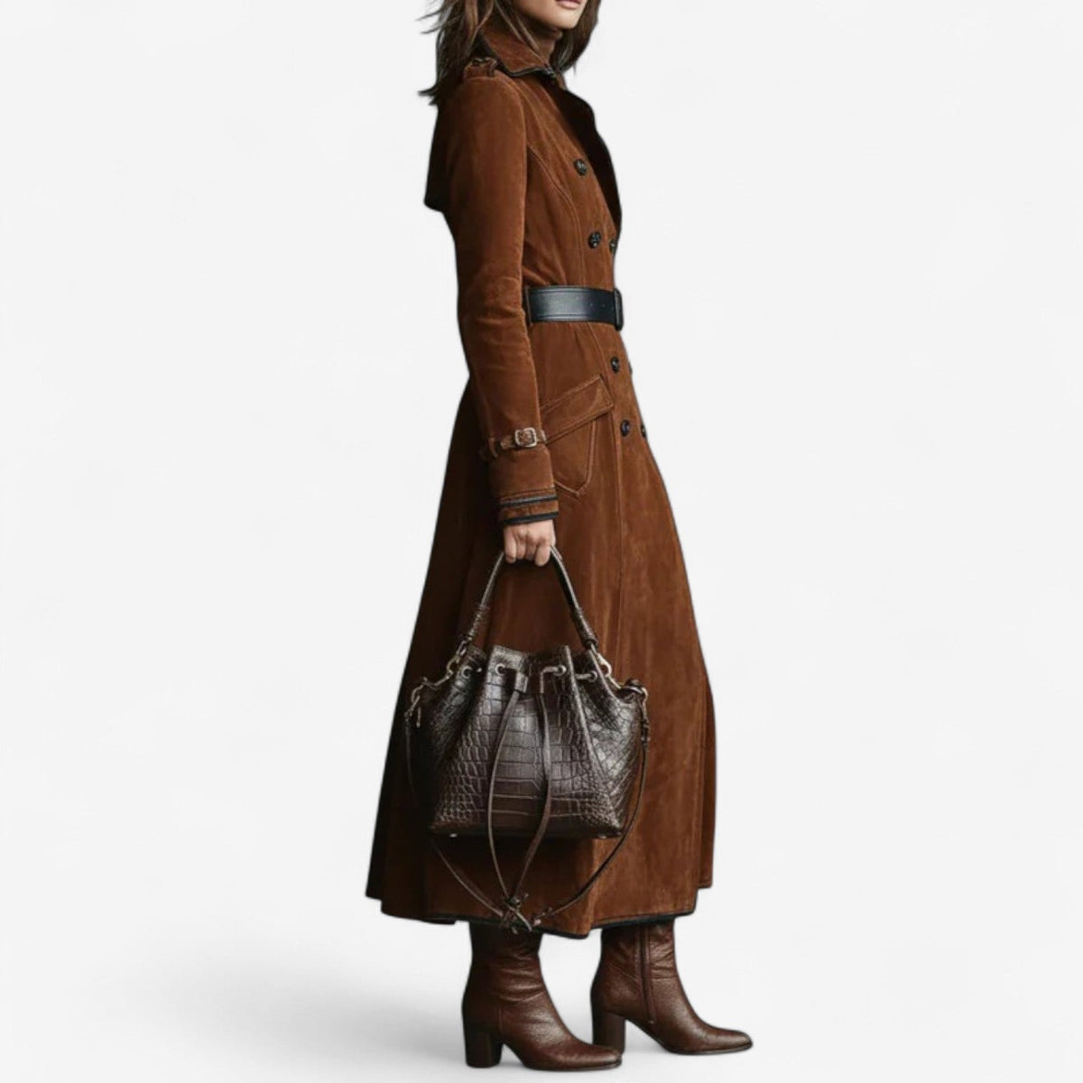 EULALIA | DOUBLE-BREASTED LONG TRENCH COAT - Caramel Brown
