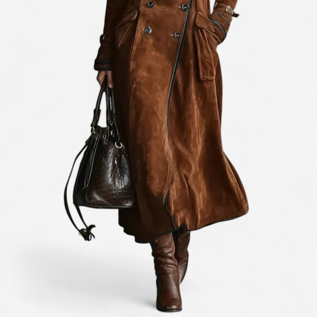 EULALIA | DOUBLE-BREASTED LONG TRENCH COAT - Caramel Brown