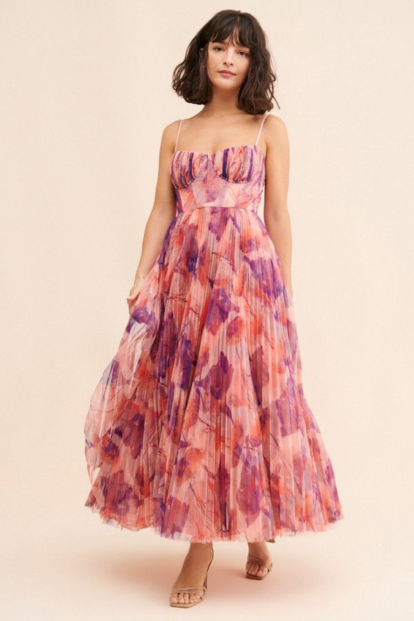 EVANNA | FLORAL TULLE MAXI DRESS - Pink and Purple Floral