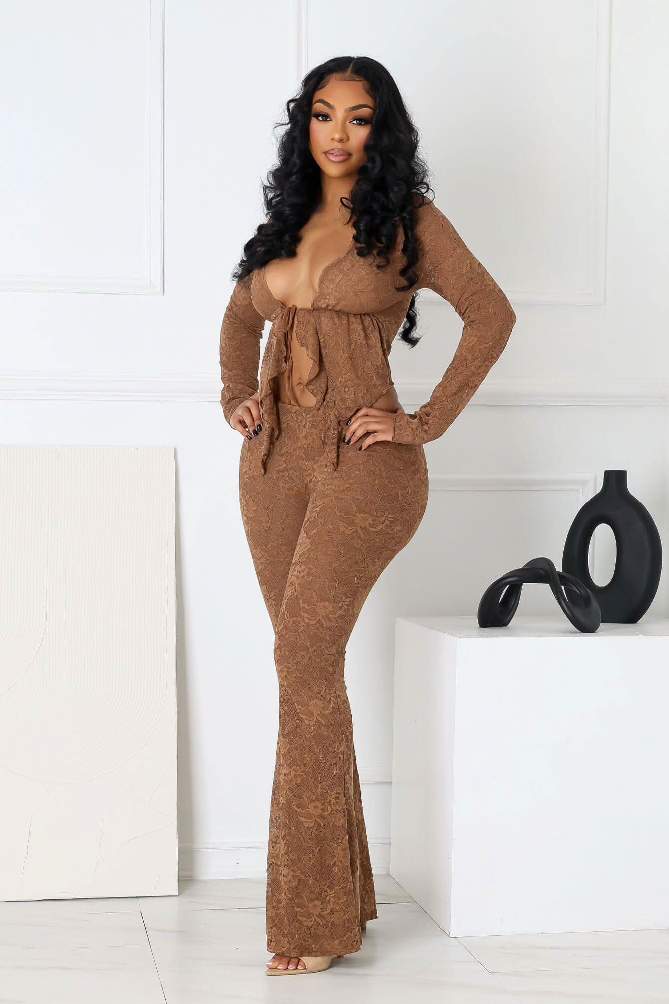 Caramel lace long-sleeve set with tie-front crop top and flared pants