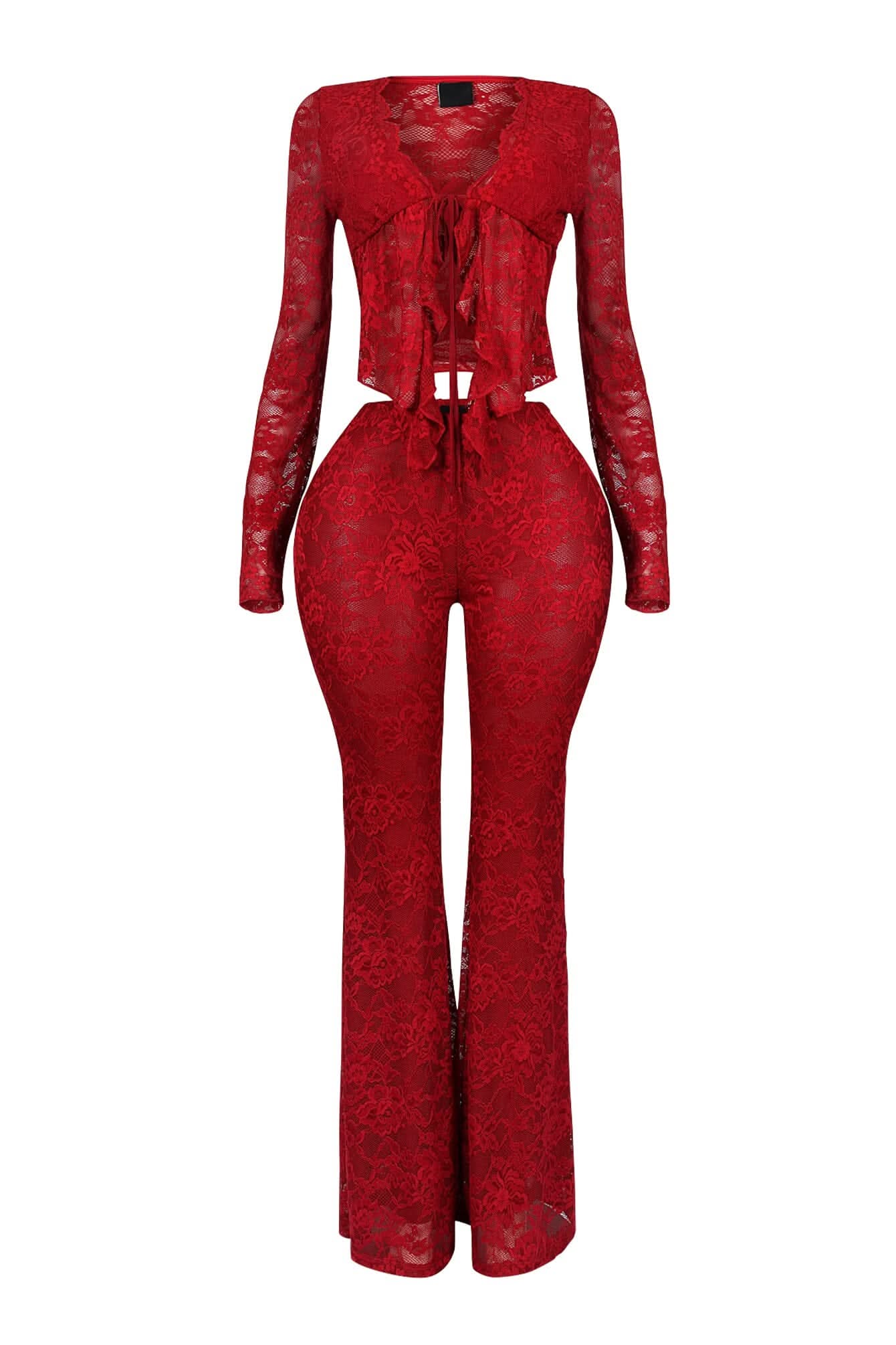 Red lace set front view with tie-front crop top and matching flared bottoms