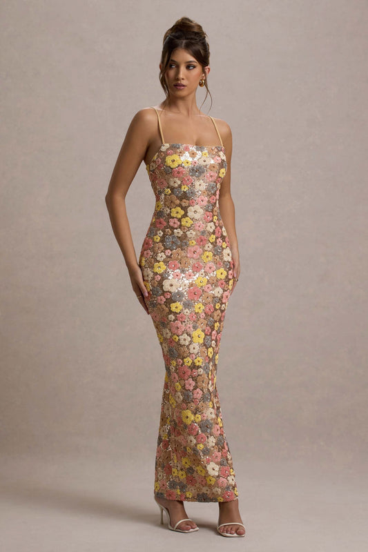 Women's multicolor floral sequin maxi dress with square neckline and spaghetti straps, full-length front view