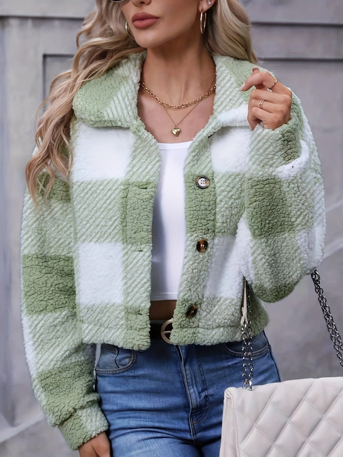 FARIHA | CROPPED PLAID JACKET - Sage Green Plaid
