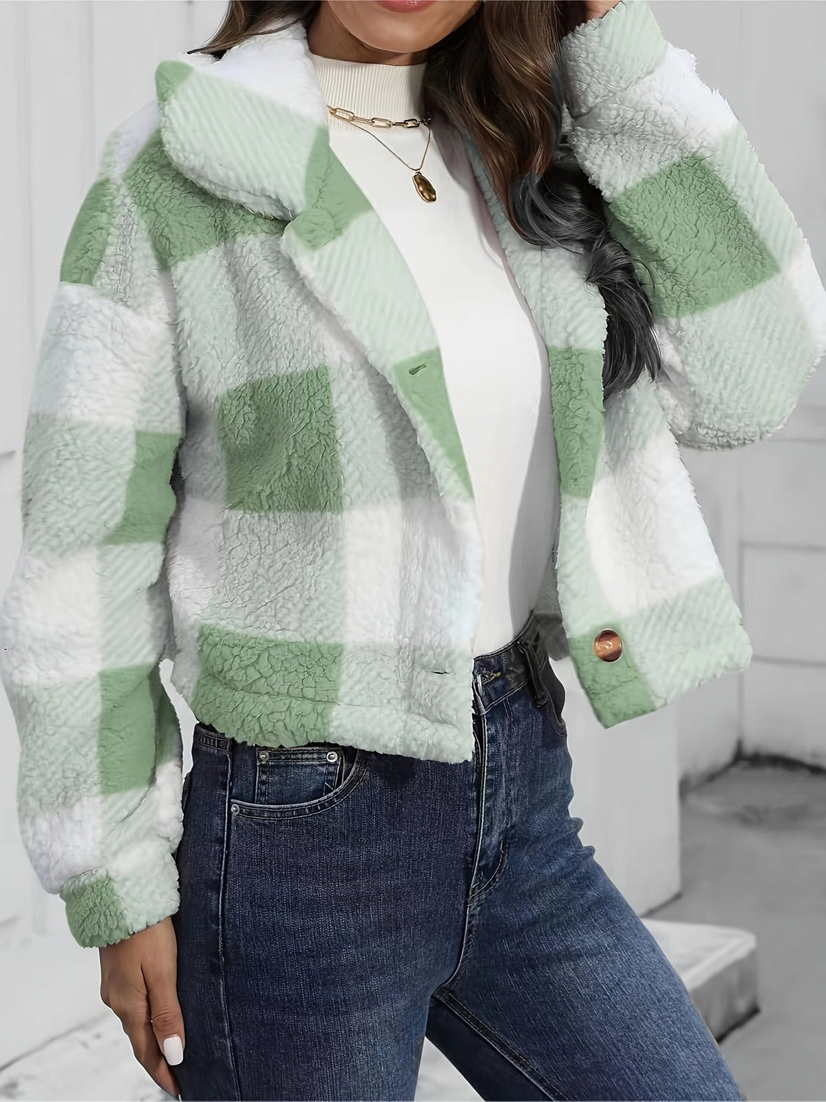 FARIHA | CROPPED PLAID JACKET - Sage Green Plaid
