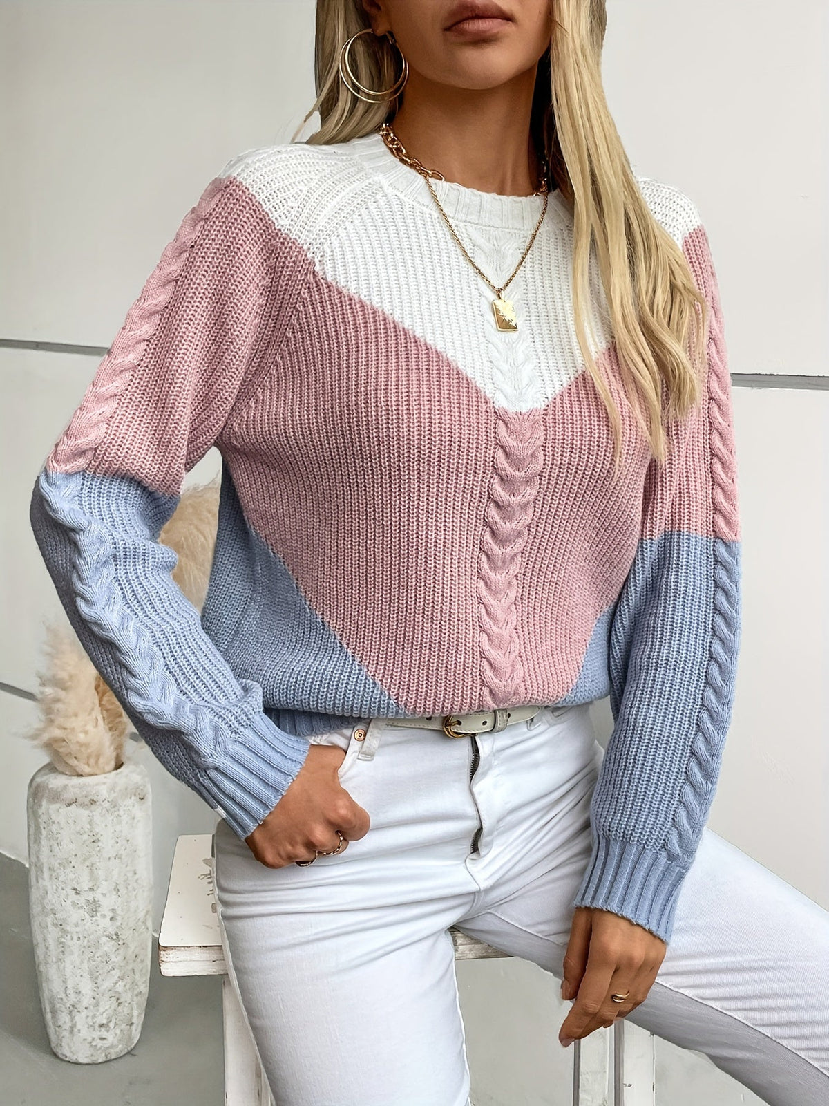 FILOMENA | COLORBLOCK KNIT SWEATER - Pink Colorblock