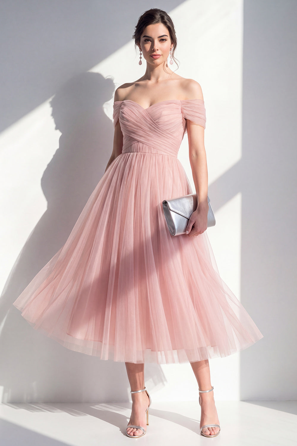FINOLA | OFF-SHOULDER TULLE MIDI DRESS - Dusty Rose