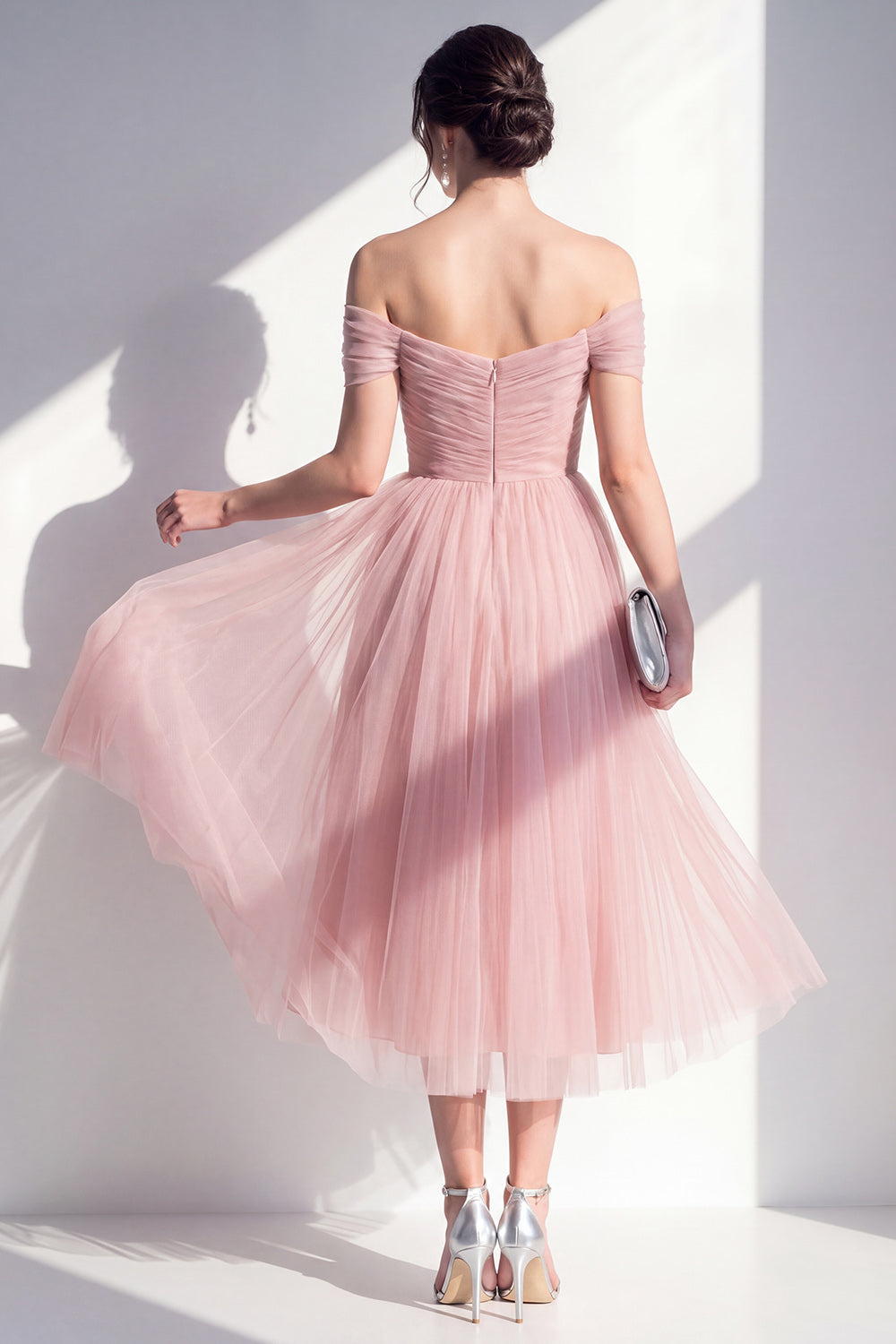 FINOLA | OFF-SHOULDER TULLE MIDI DRESS - Dusty Rose