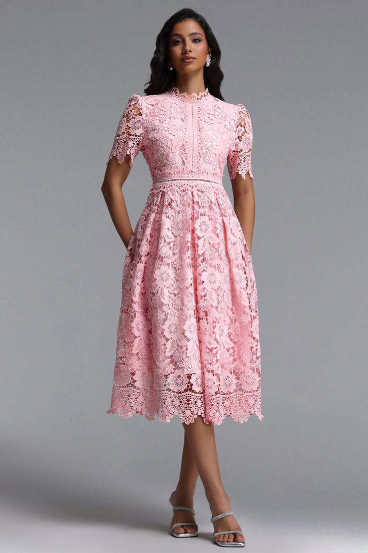 FIRA | FLORAL LACE MIDI DRESS - Pink