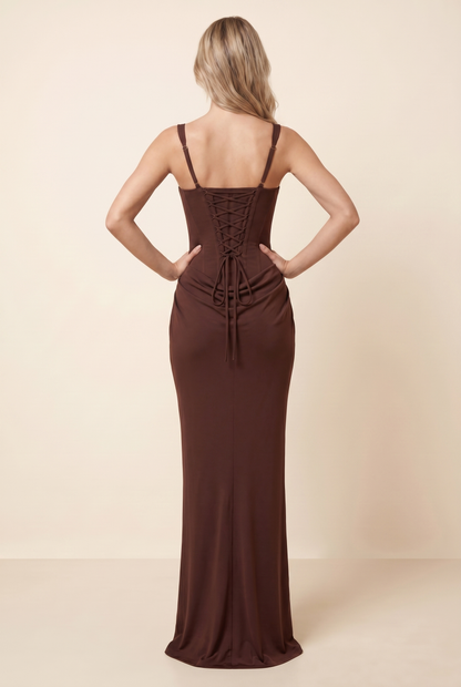 FLEURINE | CORSET MAXI DRESS - Chocolate Brown
