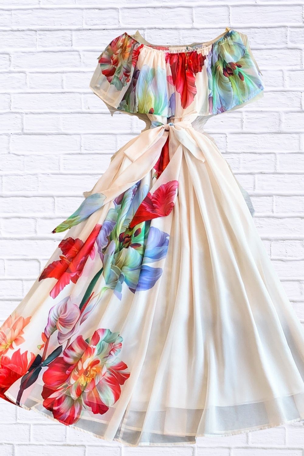 FLOELLA | OFF SHOULDER FLORAL MAXI DRESS - Ivory Floral