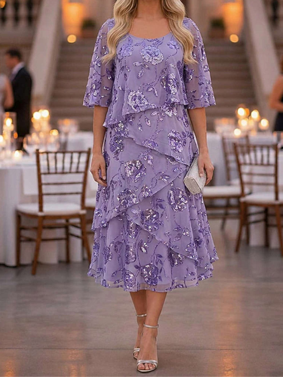 FLORENCIA | TIERED FLORAL HALF SLEEVE MIDI DRESS - Lavender Floral