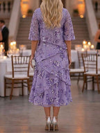 FLORENCIA | TIERED FLORAL HALF SLEEVE MIDI DRESS - Lavender Floral