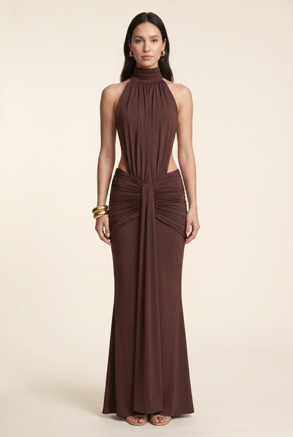 FLORENTINE | HALTER MAXI DRESS - Chocolate Brown