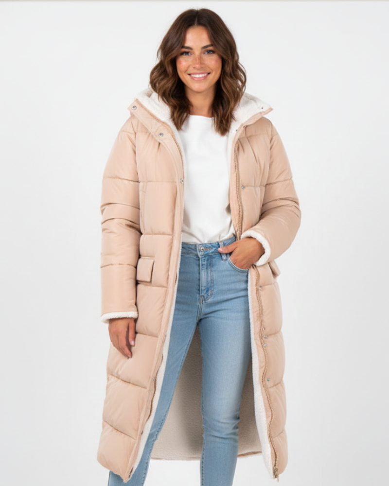 FLORRIE | SHERPA-LINED HOODED PUFFER COAT - Beige
