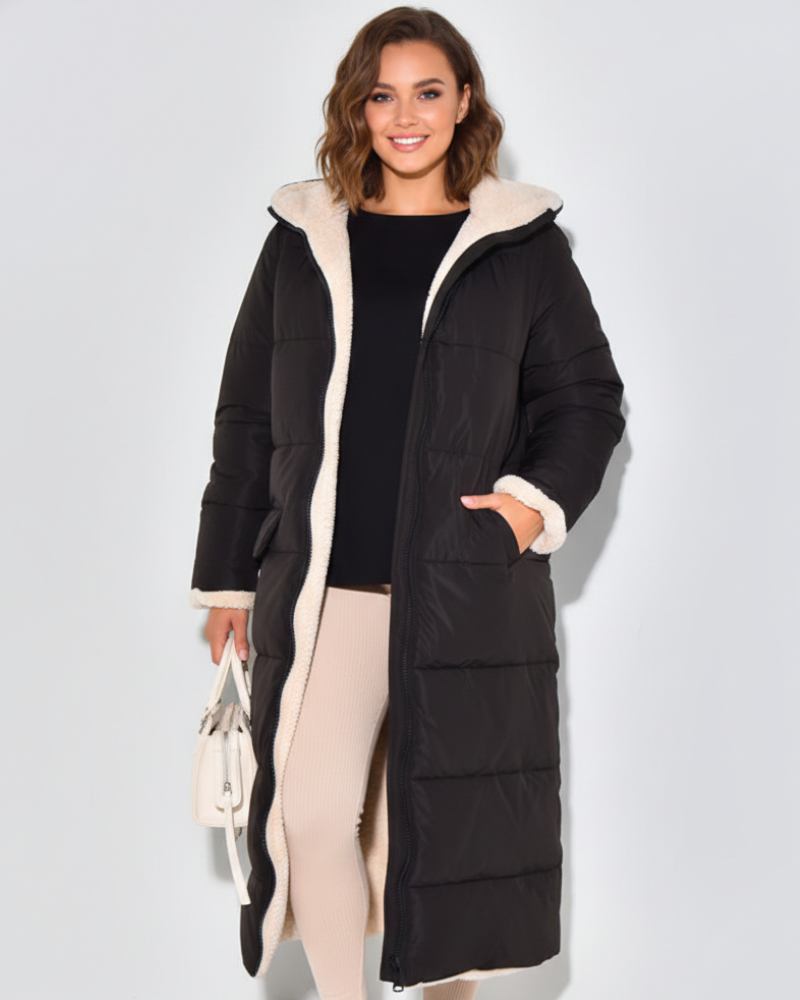 FLORRIE | SHERPA-LINED HOODED PUFFER COAT - Black