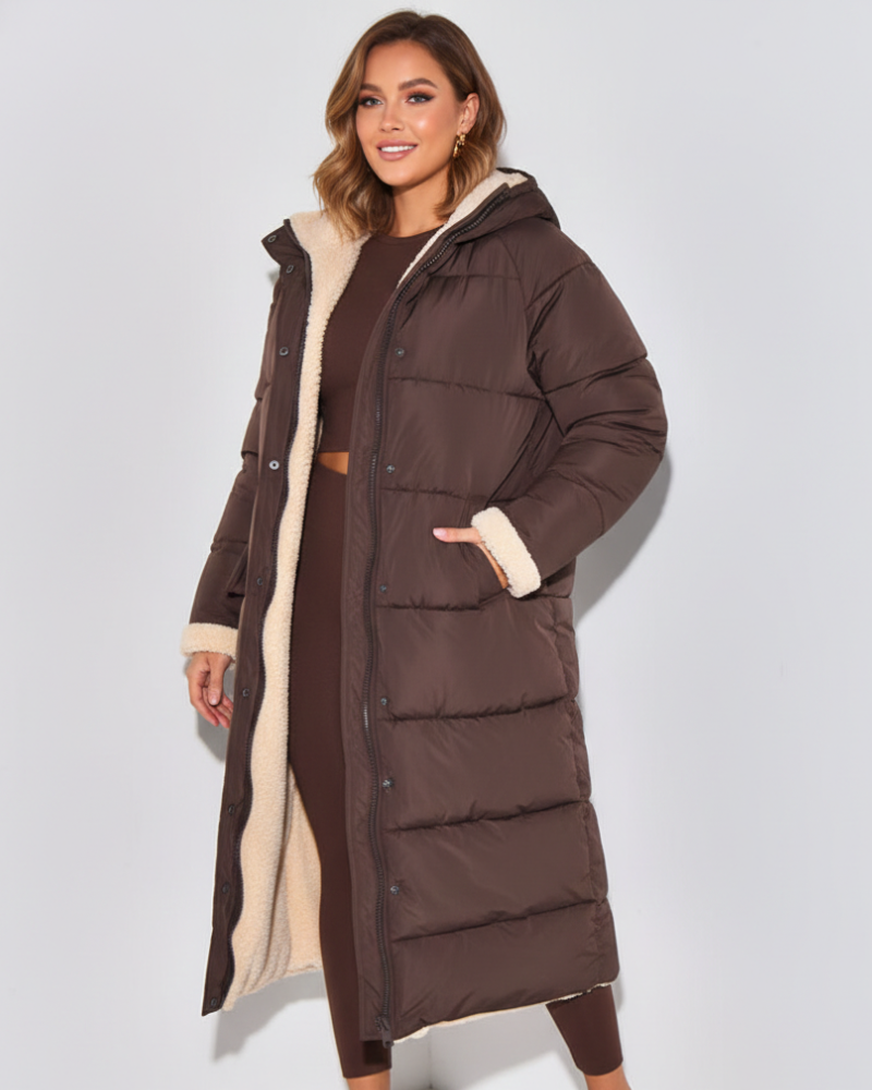 FLORRIE | SHERPA-LINED HOODED PUFFER COAT - Brown