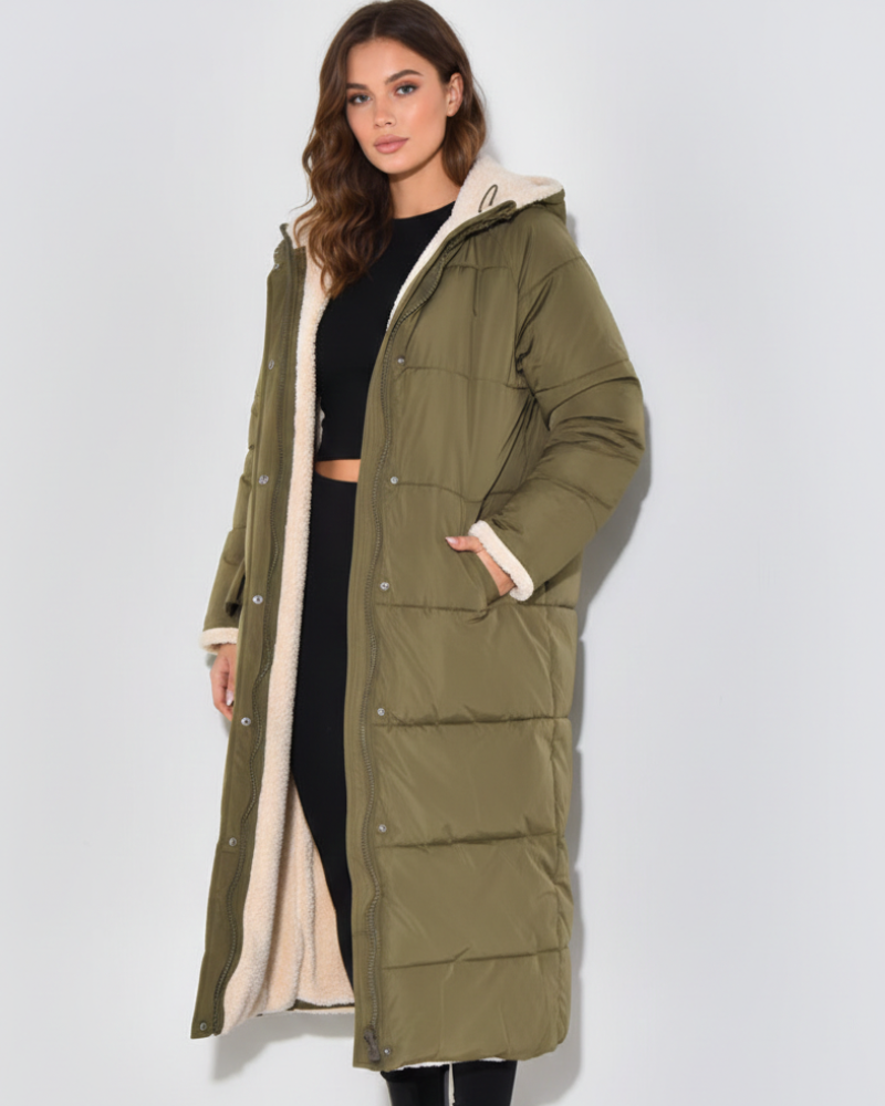 FLORRIE | SHERPA-LINED HOODED PUFFER COAT - Olive Green