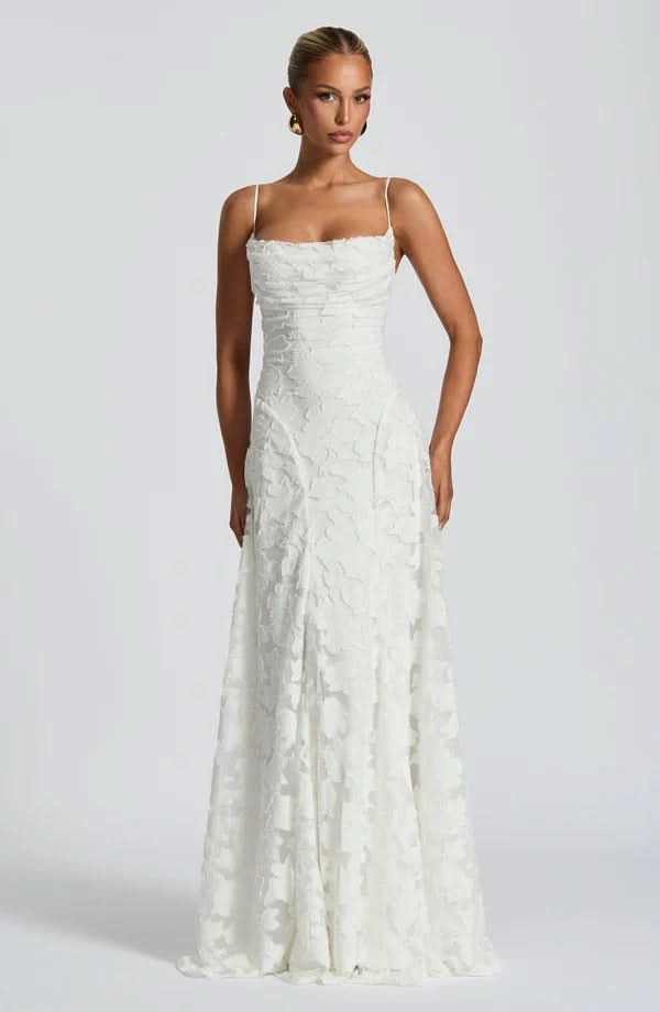 Cream floral jacquard maxi dress with cowl neckline and draped bodice, front view