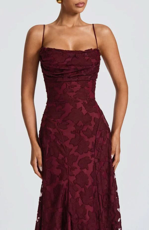 Burgundy floral lace maxi dress with cowl neckline and fitted bodice