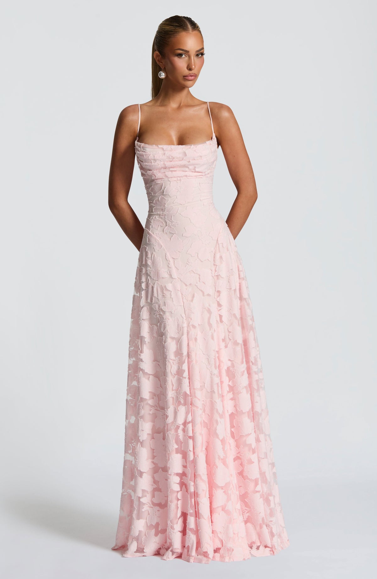 Blush pink textured maxi dress with ruched cowl neckline and spaghetti straps