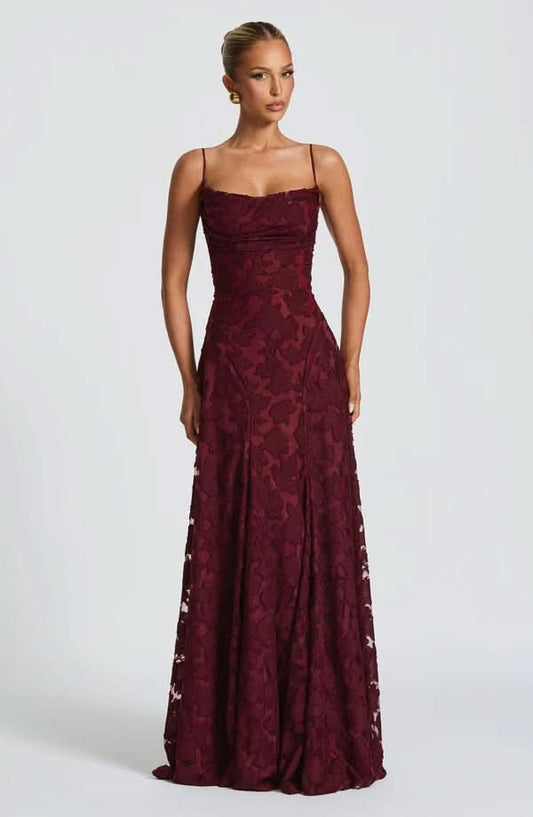 Burgundy lace maxi dress with spaghetti straps and ruched bodice