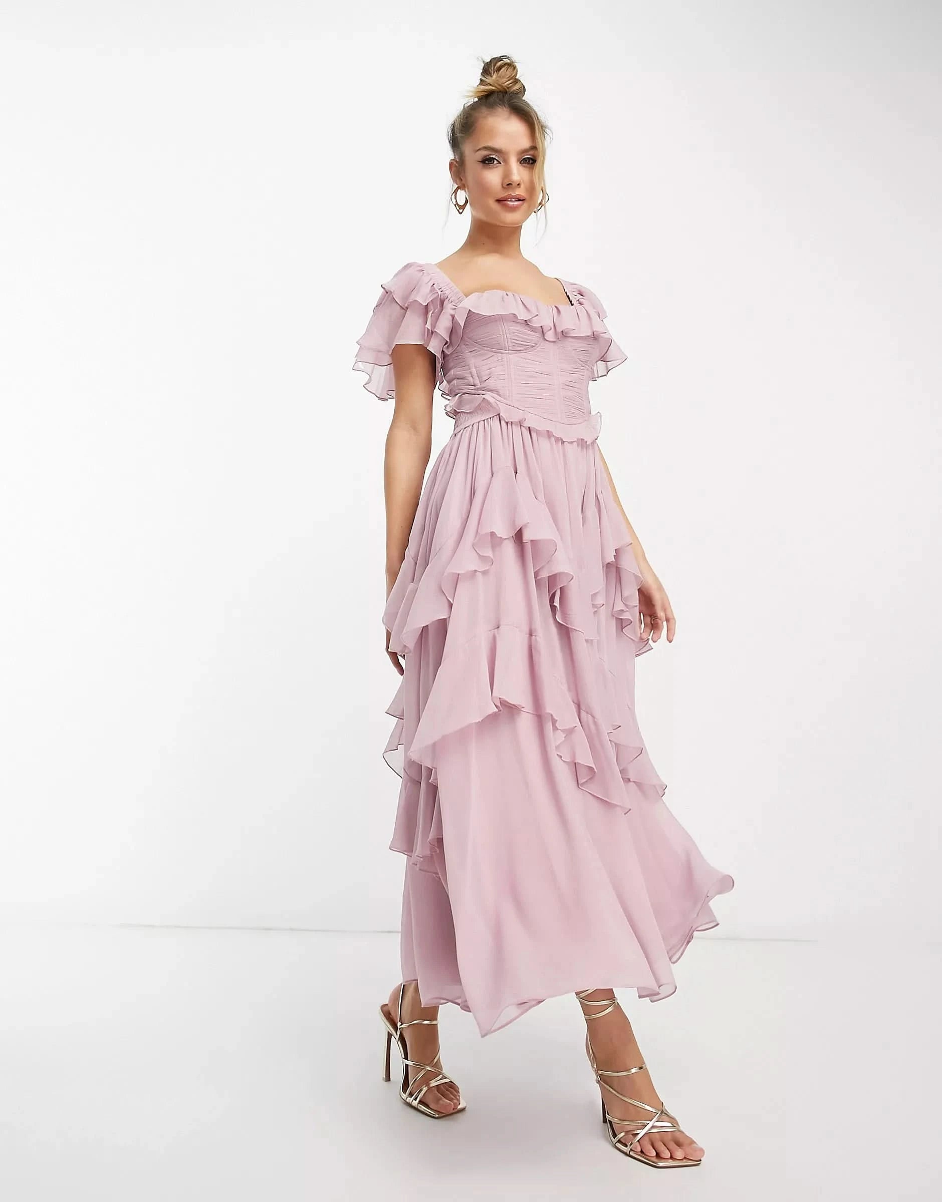 Pink ruffle midi dress with ruffled off-shoulder sleeves and tiered skirt