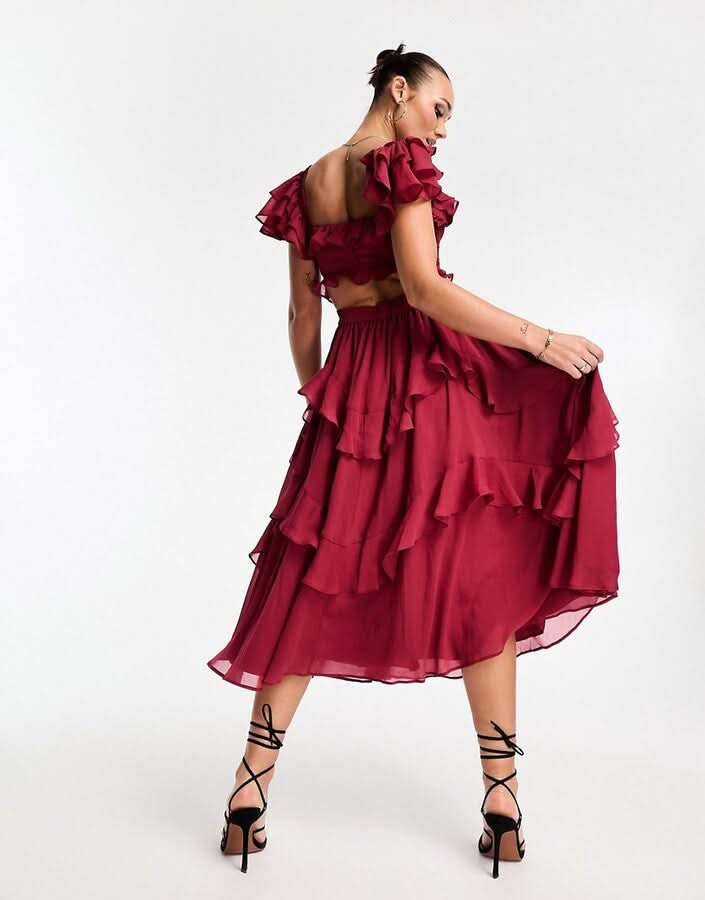 Burgundy ruffle midi dress with off-shoulder ruffled sleeves and layered skirt