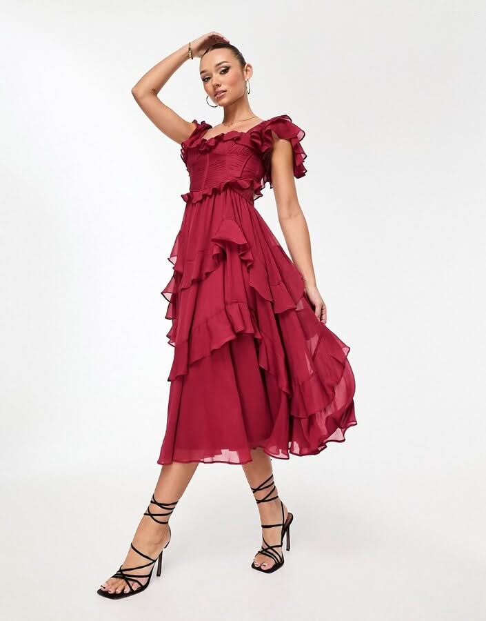 Wine-colored ruffle midi dress with tiered ruffled skirt and ruffled neckline