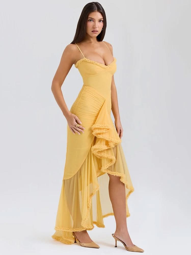 Yellow ruffled maxi dress with cowl neckline and asymmetrical hemline