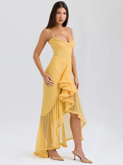 Yellow ruffled maxi dress with cowl neckline and asymmetrical hemline