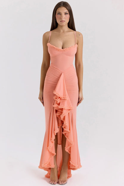 Coral pink ruffled maxi dress with ruched bodice and tiered ruffles
