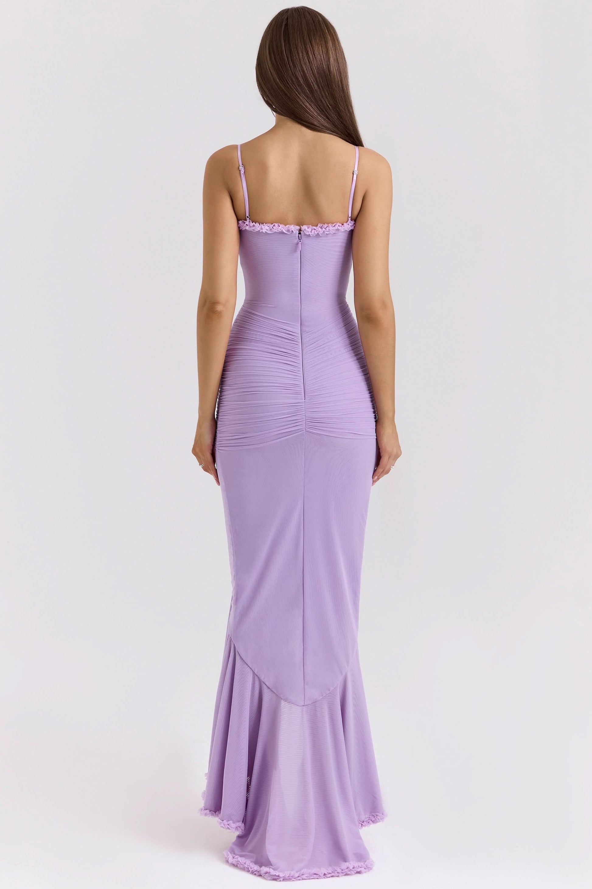 Back view of lavender ruffled maxi dress with cascading hem ruffles