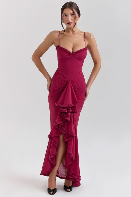 Burgundy ruffled maxi dress with sweetheart neckline and ruched bodice