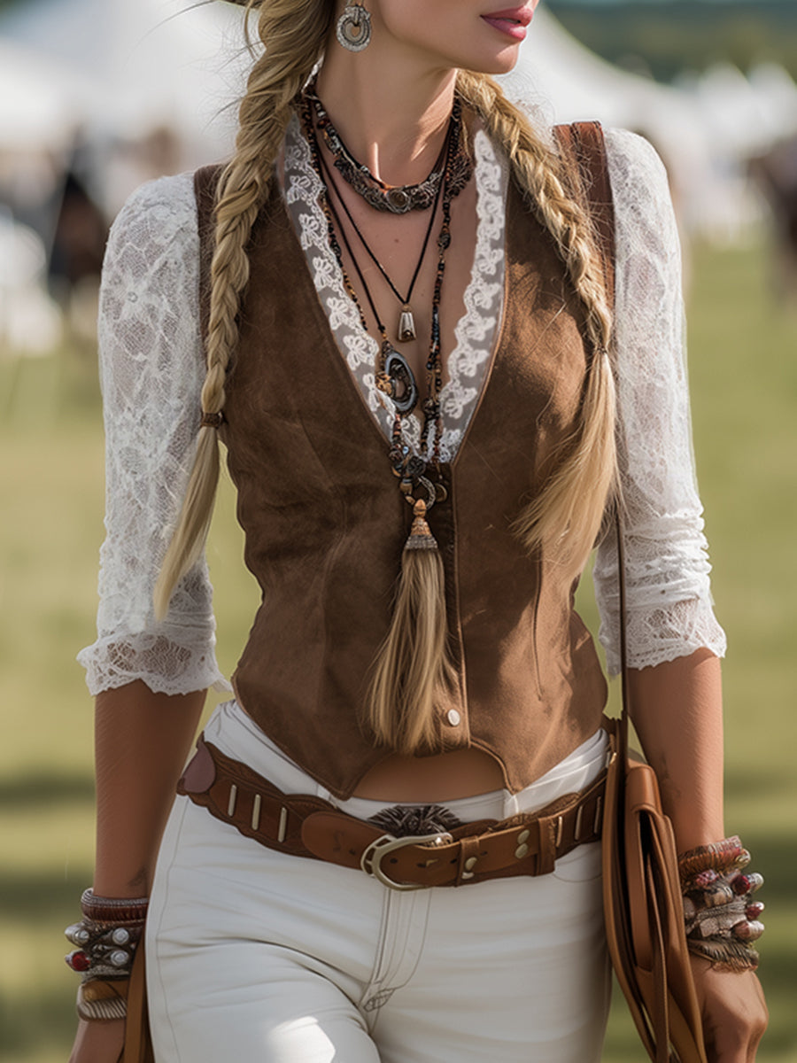 GAELLE | WESTERN LACE SLEEVE TOP - Brown