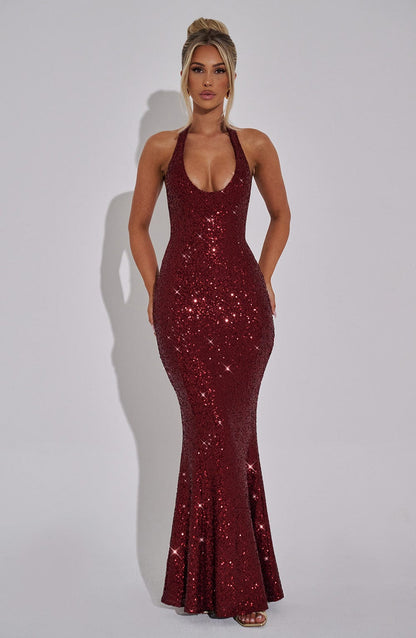 GAIA | HALTER MAXI DRESS - Wine Sparkle
