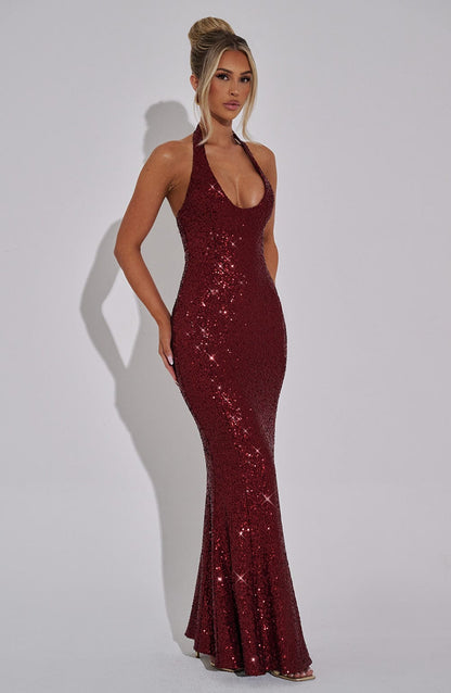 GAIA | HALTER MAXI DRESS - Wine Sparkle