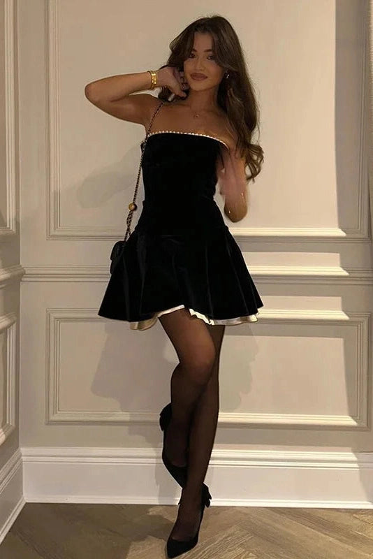 GALATEA | STRAPLESS CONTRAST TRIM MINI DRESS - Black