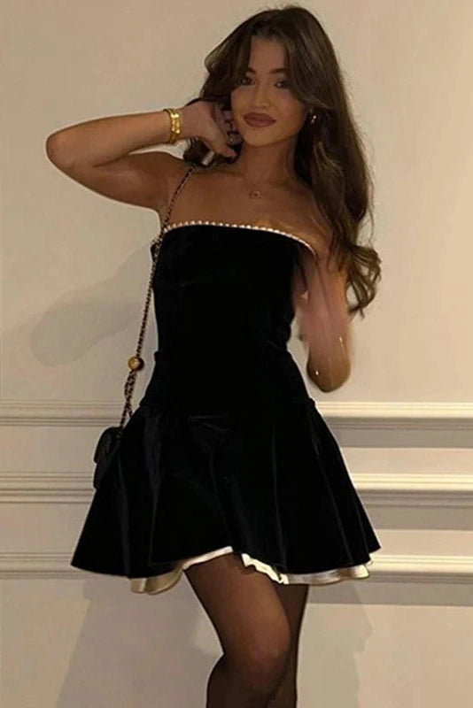 GALATEA | STRAPLESS CONTRAST TRIM MINI DRESS - Black