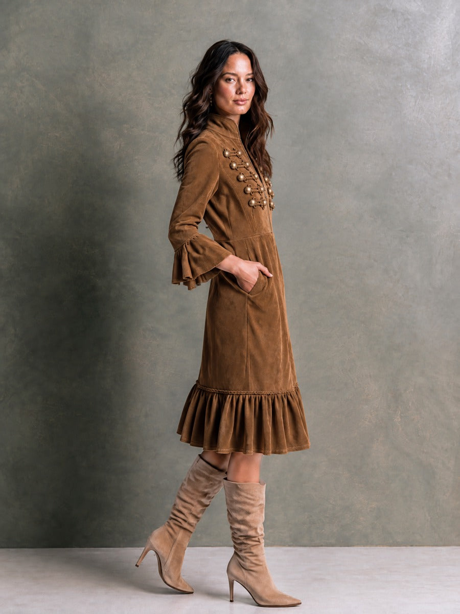GALENA | RUFFLE HEM MIDI DRESS - Chestnut Brown