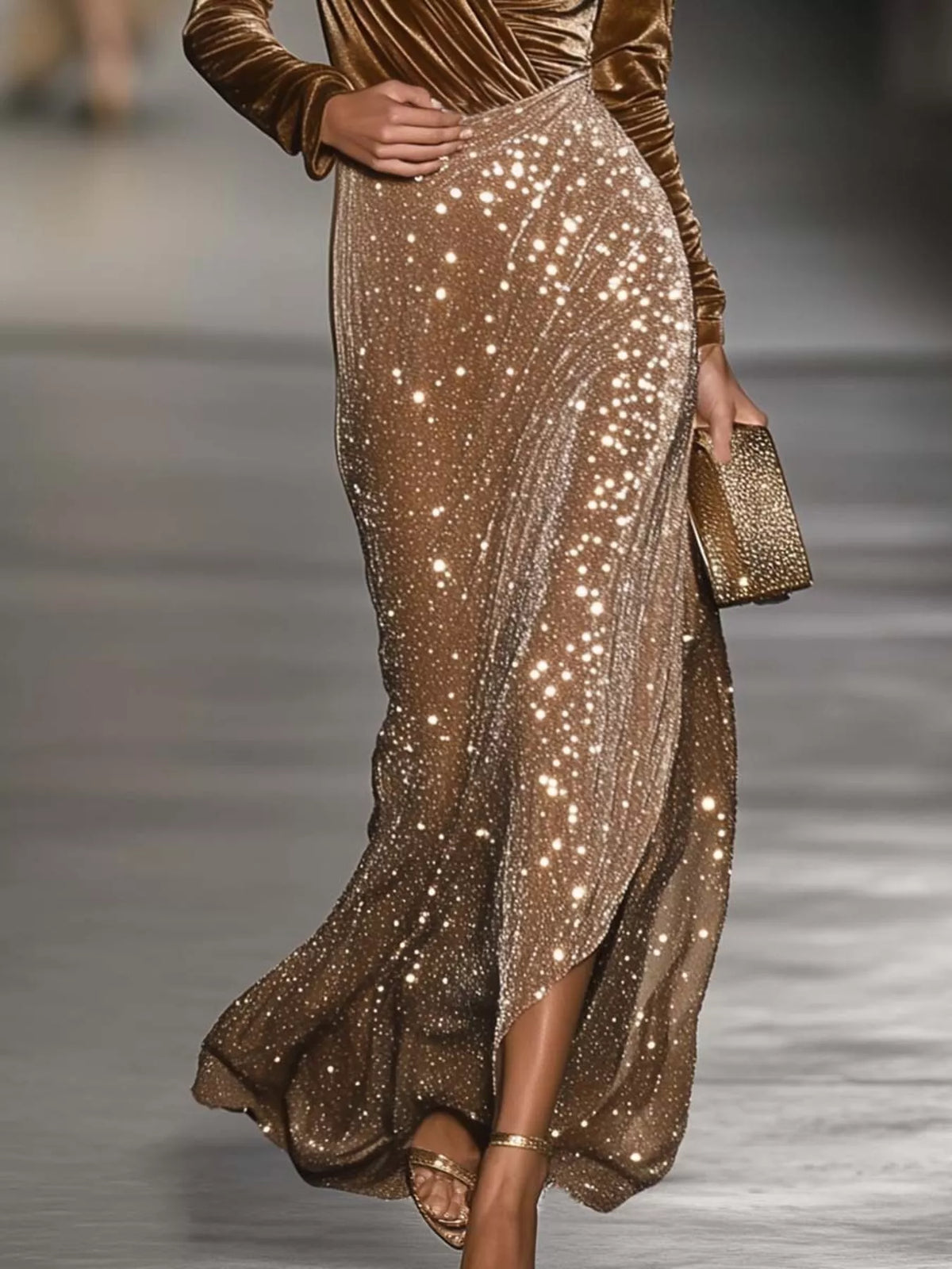 GALYA | VELVET TOP SEQUIN SKIRT SET - Camel