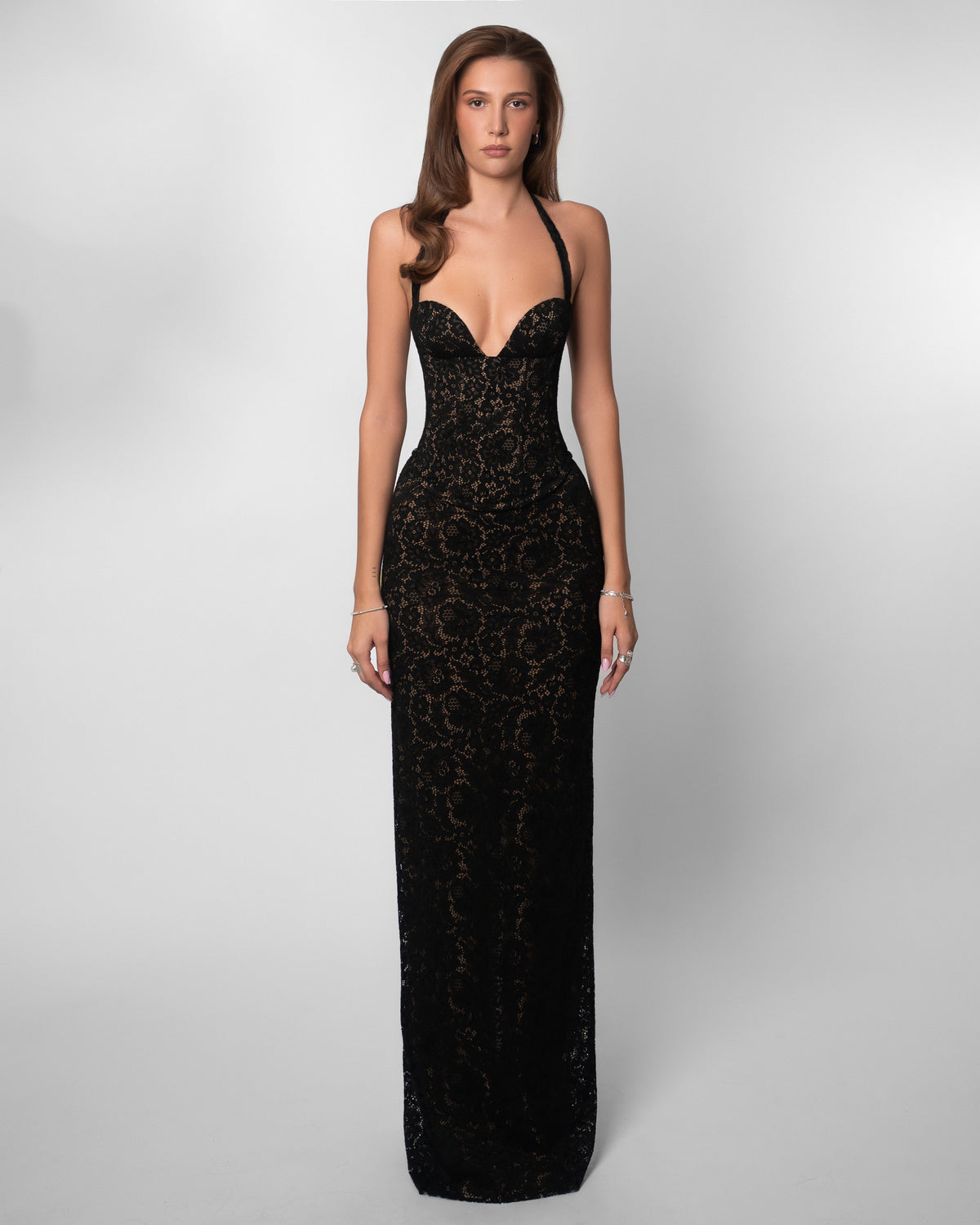 GARNET | LACE HALTER CORSET MAXI DRESS - Black