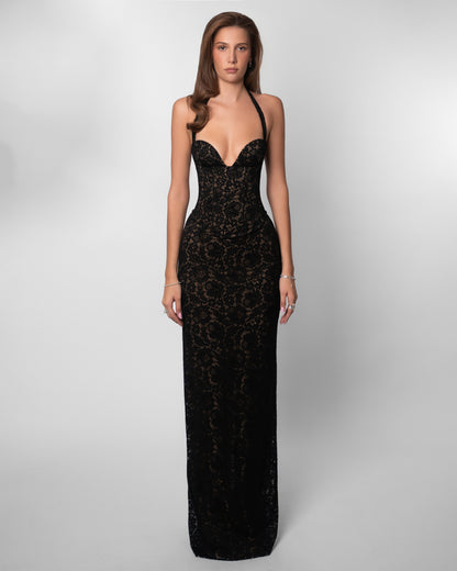 GARNET | LACE HALTER CORSET MAXI DRESS - Black