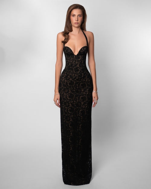 GARNET | LACE HALTER CORSET MAXI DRESS - Black