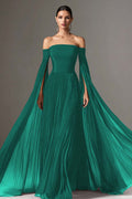 GENEVA | OFF SHOULDER CAPE SLEEVE CHIFFON GOWN - Emerald Green